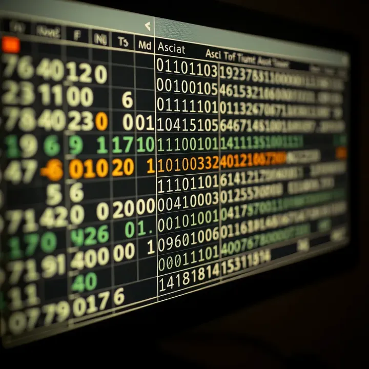 Chart showing ASCII characters with their corresponding binary code representations