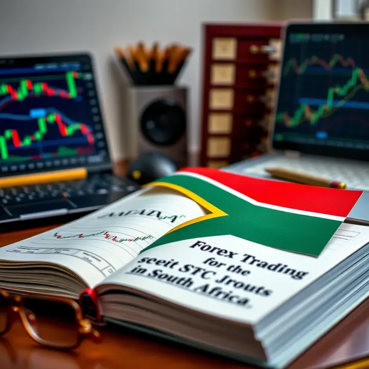Open book with forex trading charts and South African flag on desk