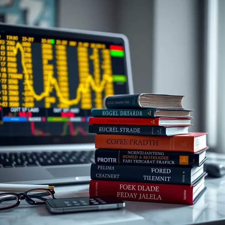 Stack of forex trading books with a laptop displaying currency exchange rates