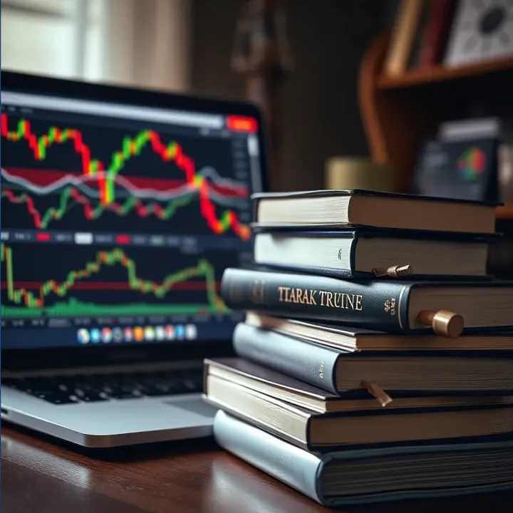 Stack of forex trading books with a laptop and financial graphs on screen