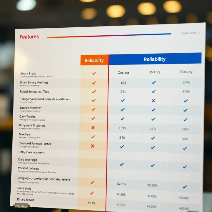Comparison chart illustrating features, reliability, and costs of different binary signals apps