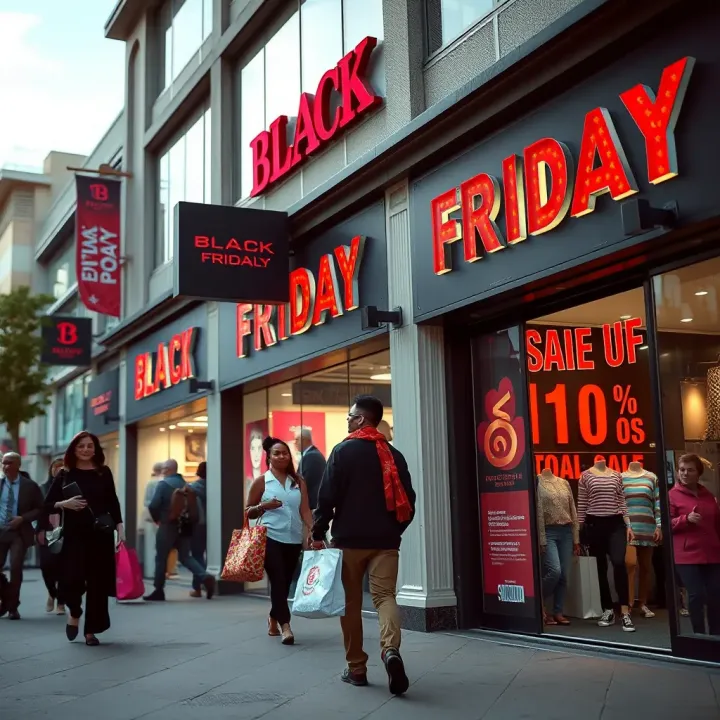 Shoppers carrying bags outside a busy retail store during Black Friday sales in South Africa