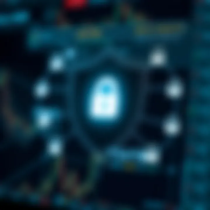 Visual representation of a shield protecting a digital account with password symbols around it