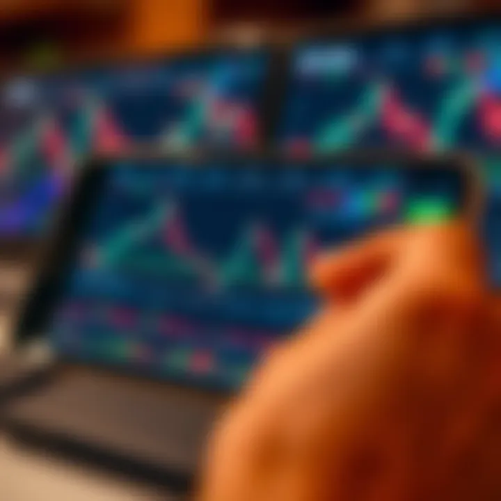 Mobile device displaying forex trading platform with currency charts and graphs