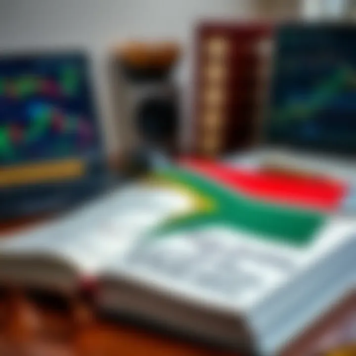Open book with forex trading charts and South African flag on desk