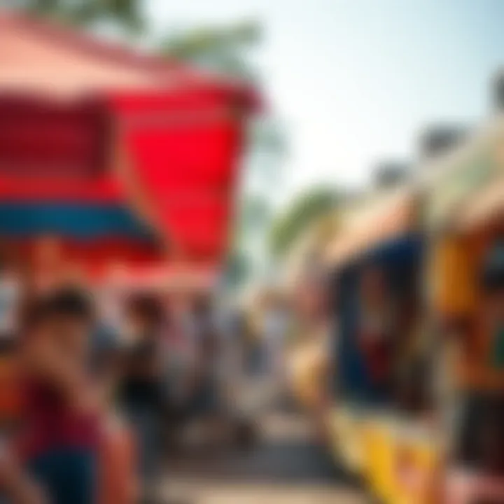 Colorful stalls displaying a variety of goods under bright tents at a bustling outdoor market
