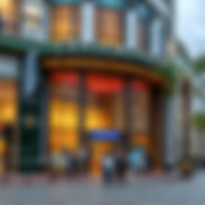 Exterior view of a busy Century City shopping centre with shoppers and storefronts