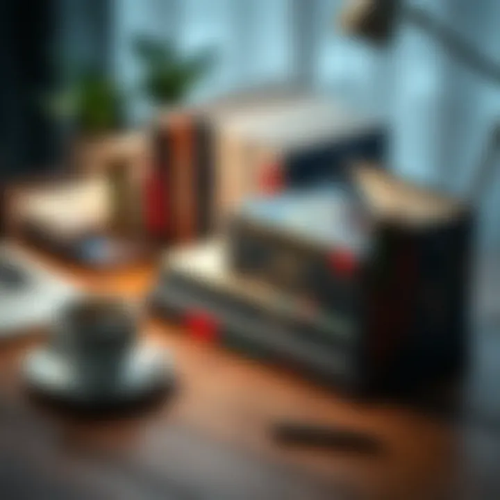 A collection of popular forex trading books arranged on a wooden table with a laptop and a cup of coffee