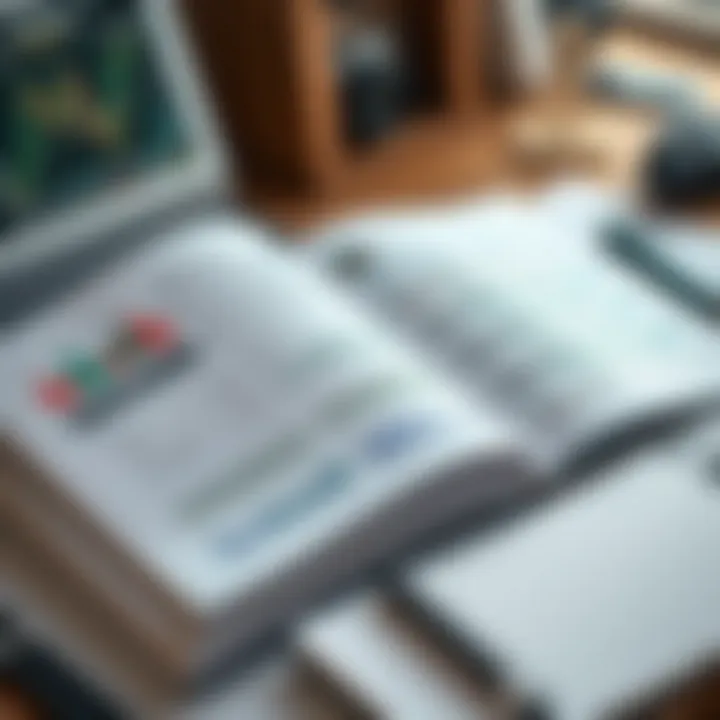 Close-up of an open forex trading book with charts and annotations beside a notebook and pen on a desk