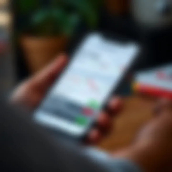 Mobile phone screen showing a variety of trading app features like charts and portfolio overview