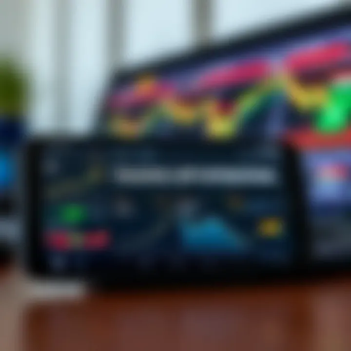 Smartphone displaying various trading app interfaces with charts and market data