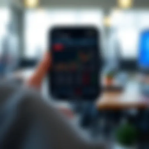 Mobile phone displaying a forex trading app interface with charts and currency exchange rates relevant to South Africa
