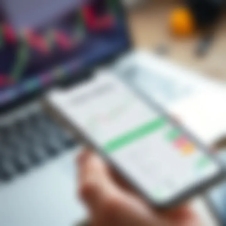 Smartphone displaying a forex trading app interface with charts and trading options visible
