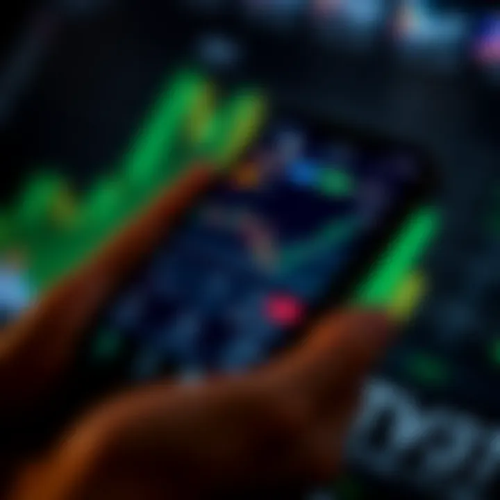 Mobile phone displaying a forex trading application interface with graphs and currency symbols