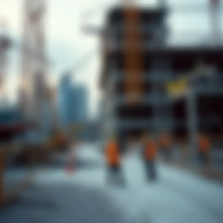 Construction site with cranes and workers managing safety measures