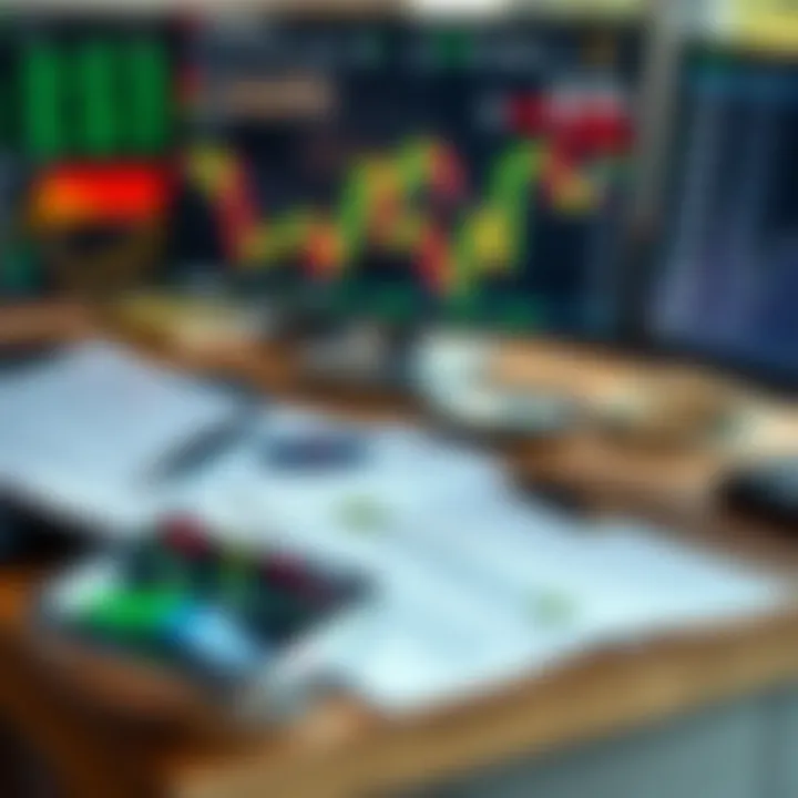Risk management tools and goal-setting notes on a desk with a trading interface