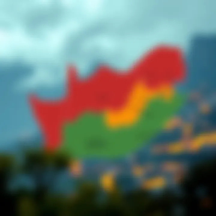 Map of South Africa highlighting regions prone to floods and wildfires with risk zones marked