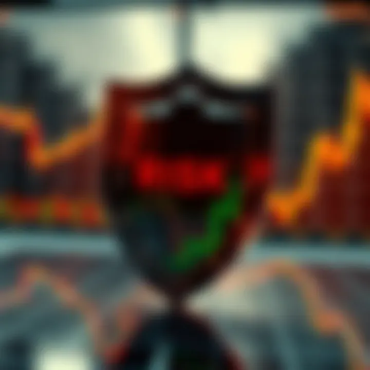 Conceptual illustration of risk management with protective shield overlaying financial graphs