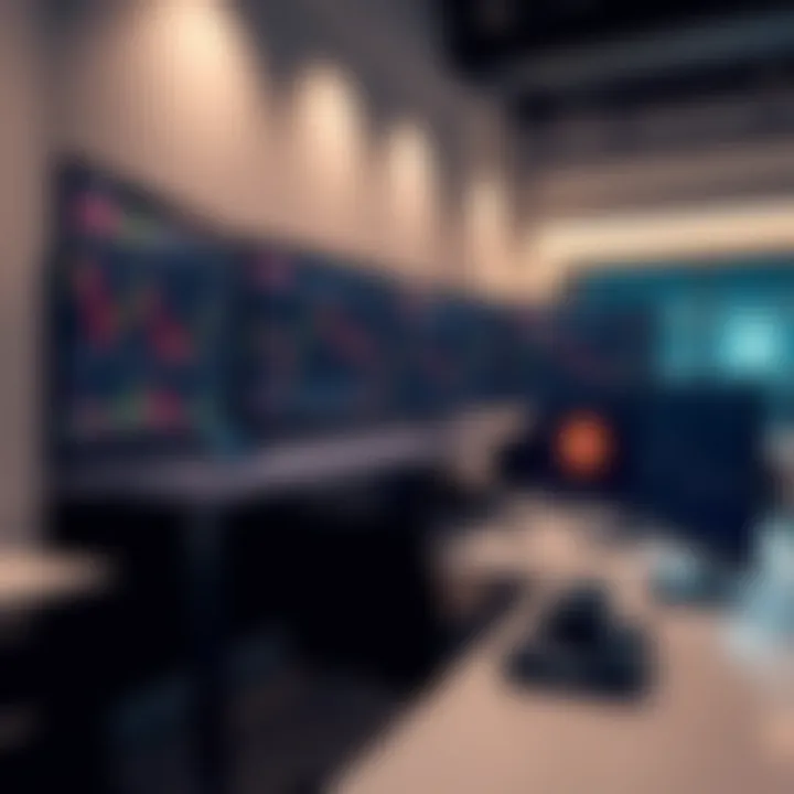 Vibrant forex trading setup with multiple screens displaying dynamic currency charts and a sleek modern workspace