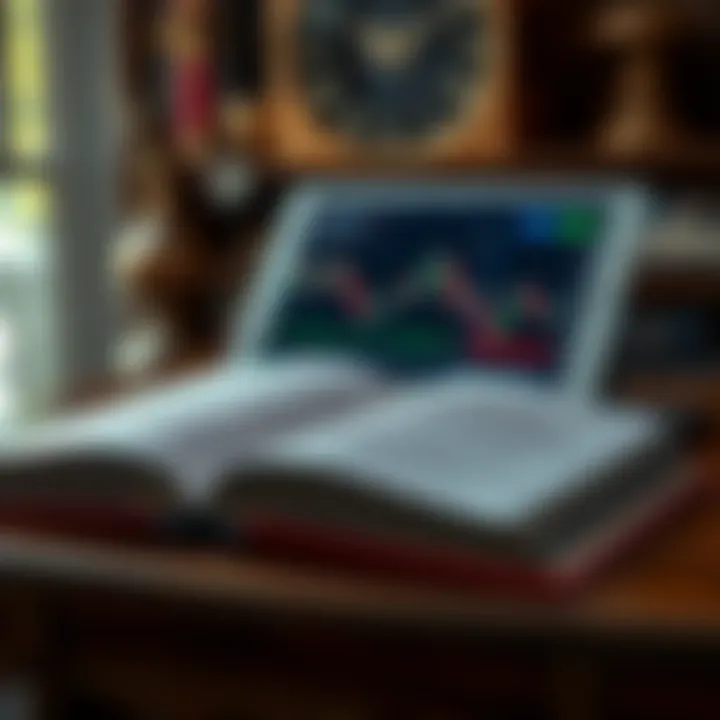 Open book displaying forex trading charts and data on digital tablet screen