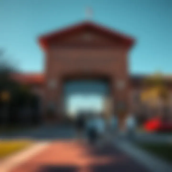 University Campus Providing Risk Management Education University campus with students walking towards the entrance under clear sky