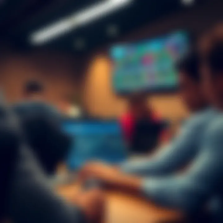 Classroom setting with students learning forex trading concepts on laptops