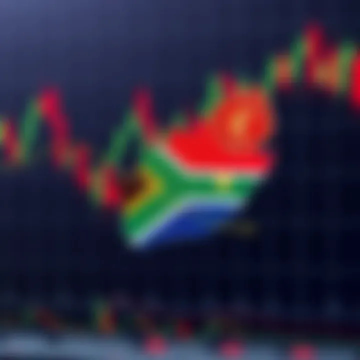 Illustration of a forex trading chart with a map of South Africa and currency symbols