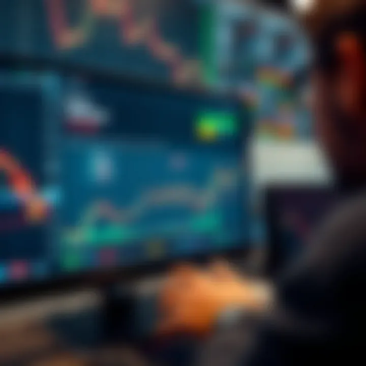 Forex trader analyzing economic calendar data on a digital dashboard with currency charts in the background