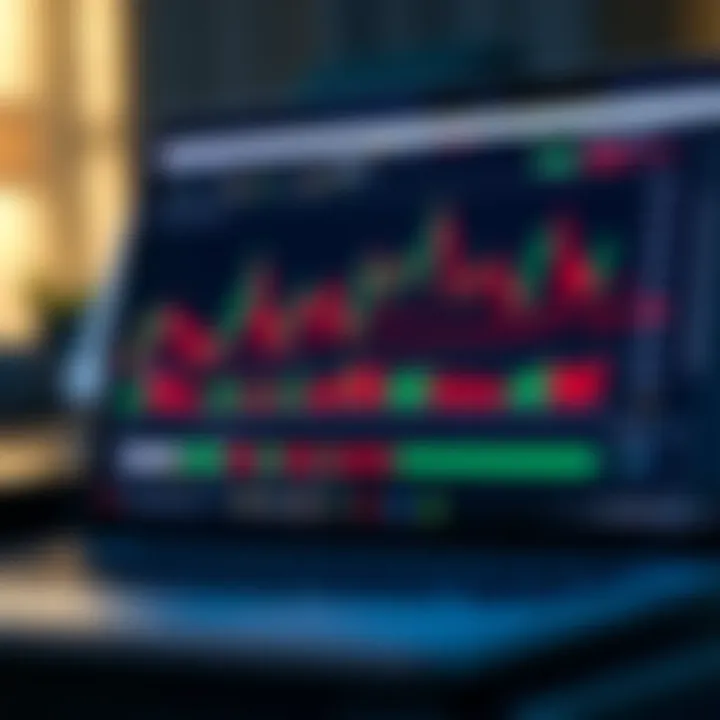 Laptop screen displaying a forex trading platform with charts and indicators