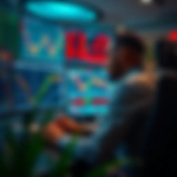Trader analyzing financial charts on multiple monitors in a modern trading setup
