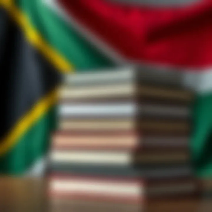 Stack of forex trading books with a South African flag in the background