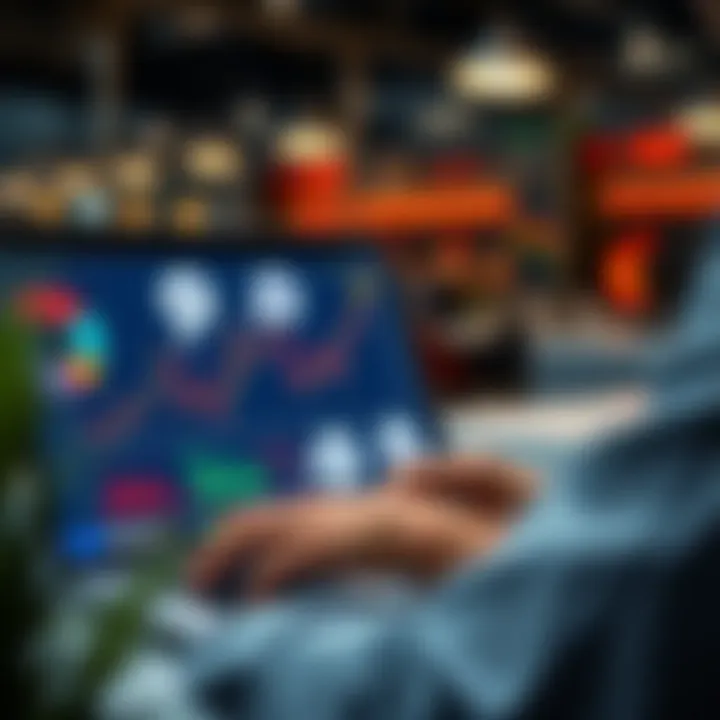 Illustration of a person analyzing charts on a laptop with risk management icons