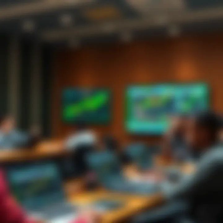 Classroom setting with students learning forex trading concepts on laptops