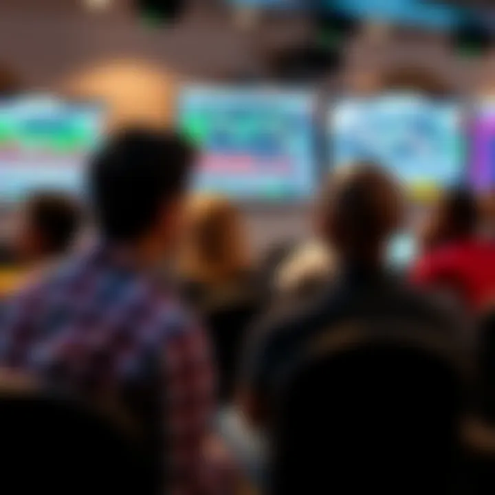 Group attending a lively forex trading seminar with charts and graphs displayed