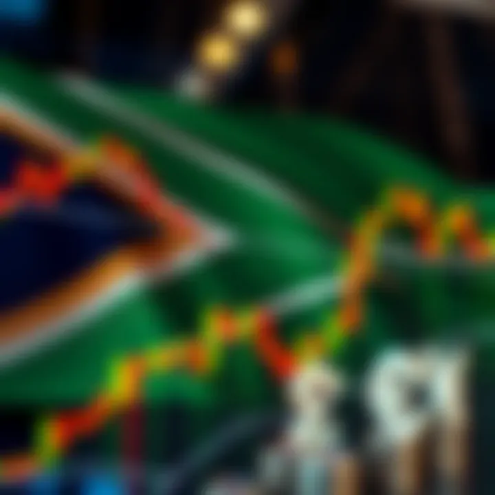 South African flag with forex trading charts and currency symbols illustrating market activity