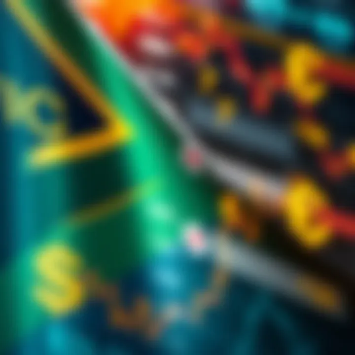 South African flag with financial charts and currency symbols overlay
