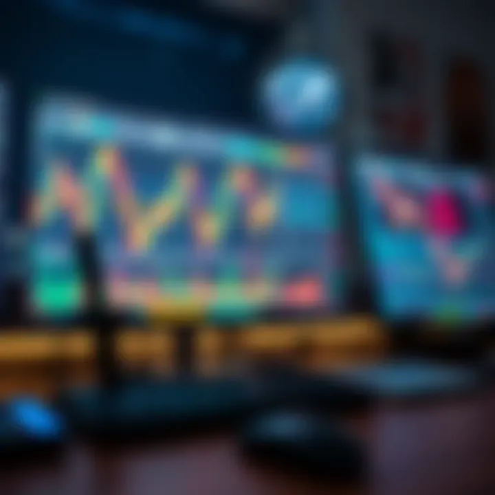 Desktop setup showing forex trading platform interface with graphs indicators and risk management tools