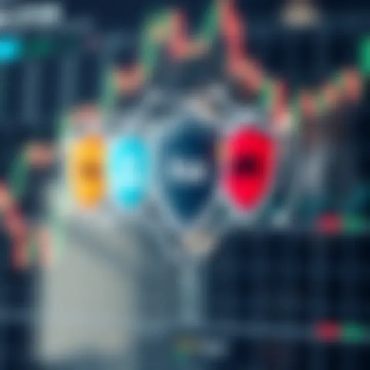 Graphic showing risk management concepts with protective shields and trading symbols