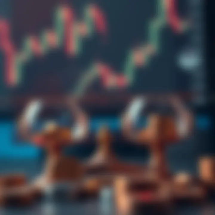 Conceptual illustration of risk management in trading with balance scales and financial symbols