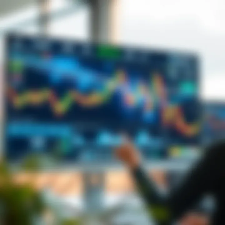 Close-up of a computer monitor displaying a serene forex trading wallpaper with abstract financial graphics