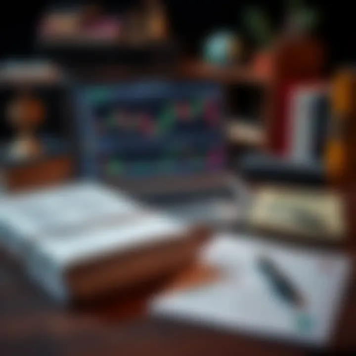 Essential Forex Trading Educational Resources for South African Traders Collection of forex educational materials including books, laptop with trading platform, and notes for learning trading basics