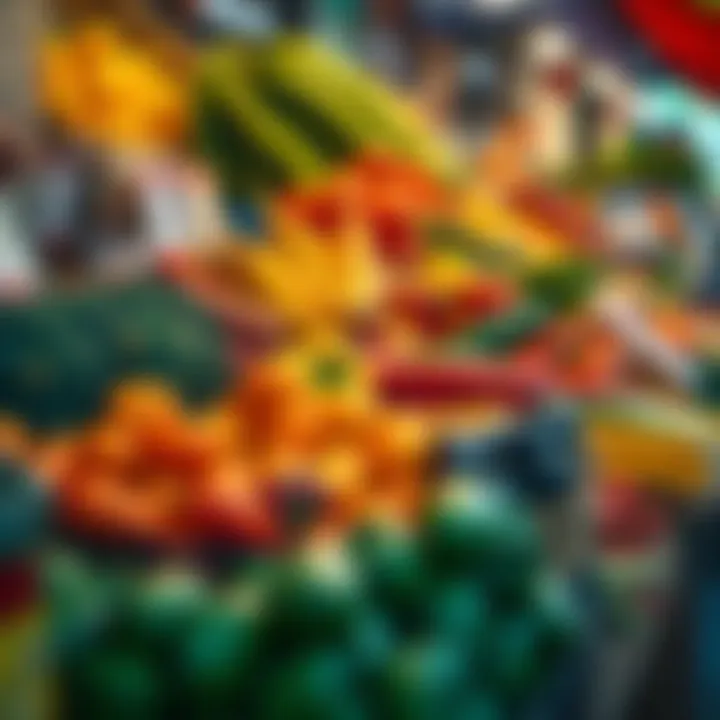 Fresh colorful fruits and vegetables displayed at a bustling local market stall