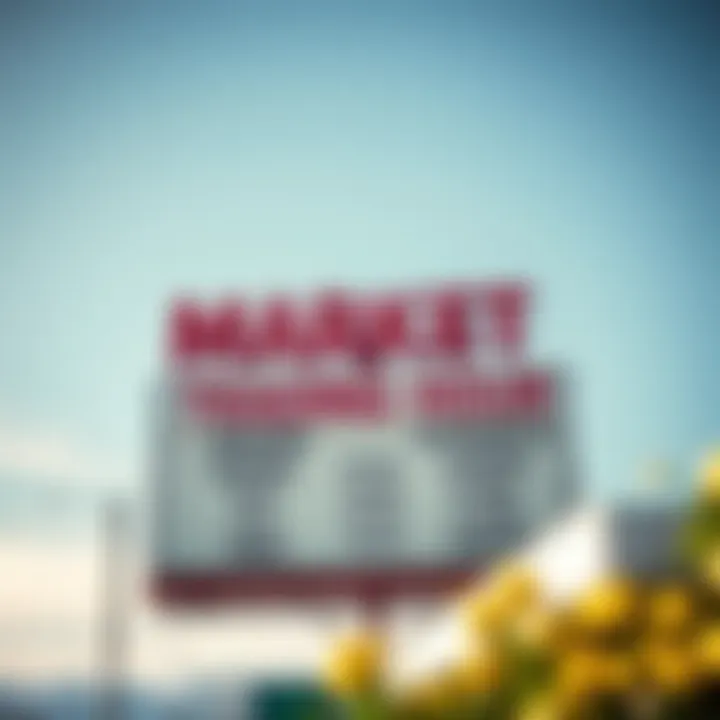 Market signage showing opening and closing times against a clear sky background