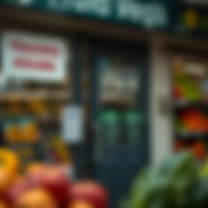 Storefront of a fruit and vegetable shop with visible trading hours sign on the door