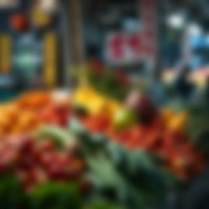 Vibrant display of fresh fruits and vegetables at a market stall in Tokai