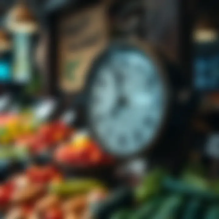Clock showing market trading hours with fresh produce in the background