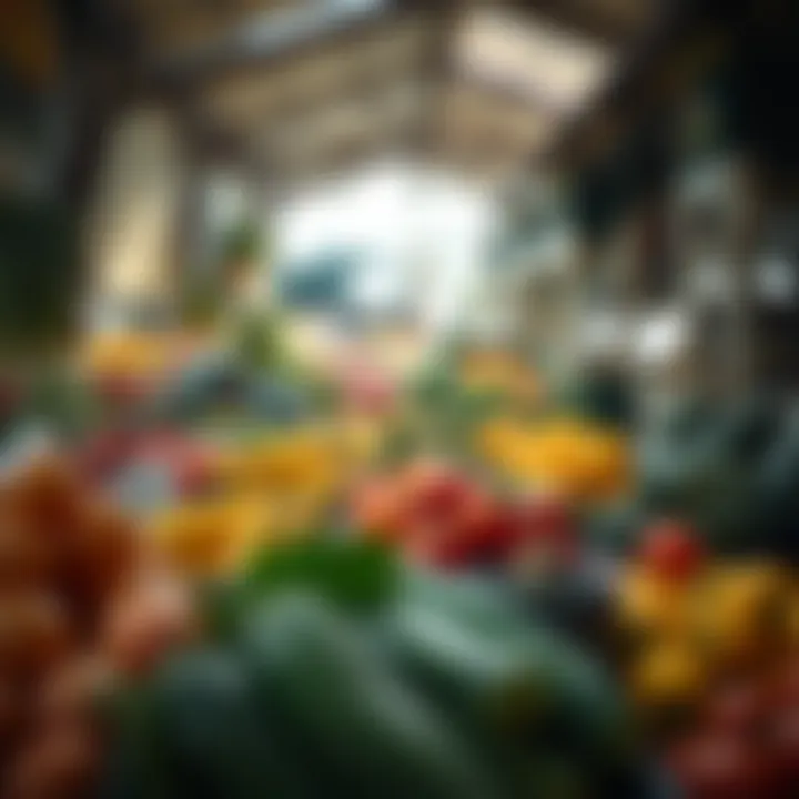 Fresh fruit and vegetable market stall with vibrant produce displayed under natural light