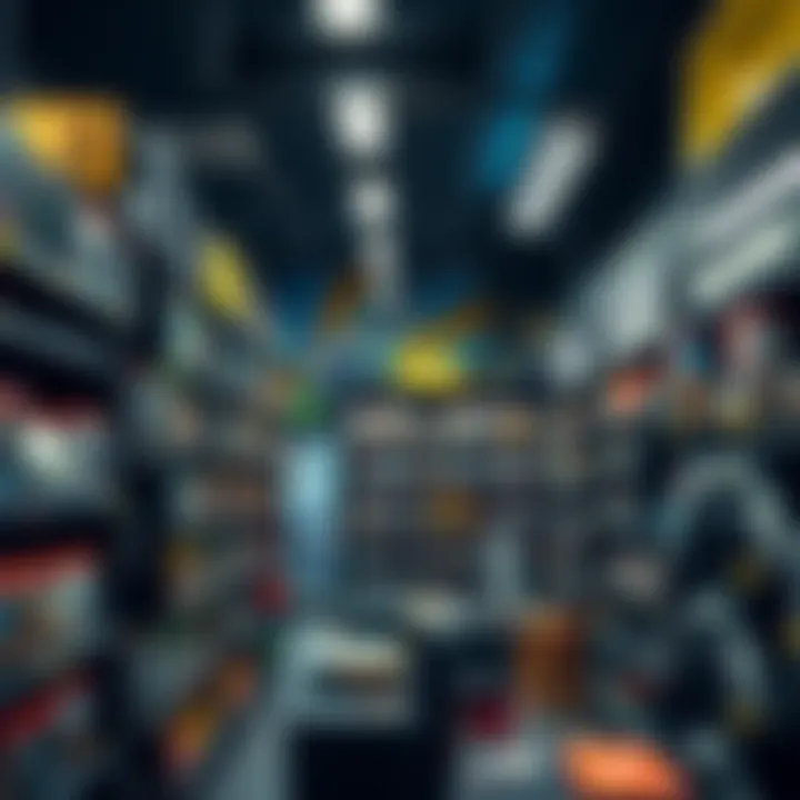 Inside a Game Store Featuring Available Products During Operating Hours Interior of a game store with shelves stocked with video games and accessories during business hours