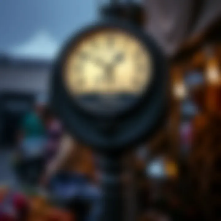 Clock illustrating typical trading hours for game transactions in an outdoor market setting