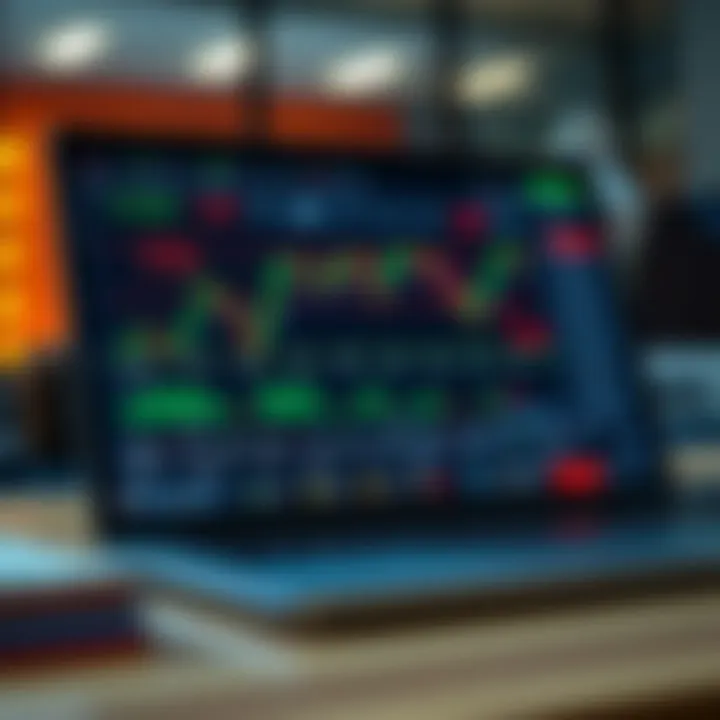 Illustration of a laptop screen displaying forex trading charts and risk management tools
